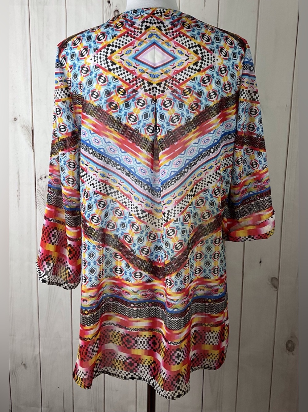 New Directions Multicolor Split V-Neck Roll Tab Sleeve Sheer Tunic Top Size XL - Picture 6 of 10
